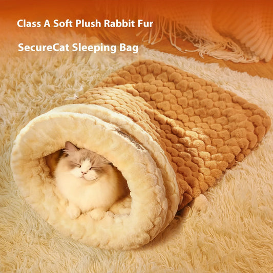 The Happy Tail Co Enclosed Plush Cat Bed with Tunnel Entrance - Self-Warming Winter Sleeping Bag & Secure Hideout