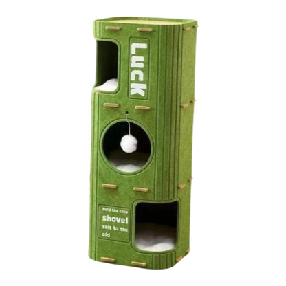 The Happy Tail Co Multi-Tier Enclosed Cat House & Climbing Tree - Vertical Scratching Post with Hanging Ball Toy