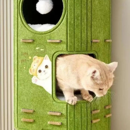 The Happy Tail Co Multi-Tier Enclosed Cat House & Climbing Tree - Vertical Scratching Post with Hanging Ball Toy