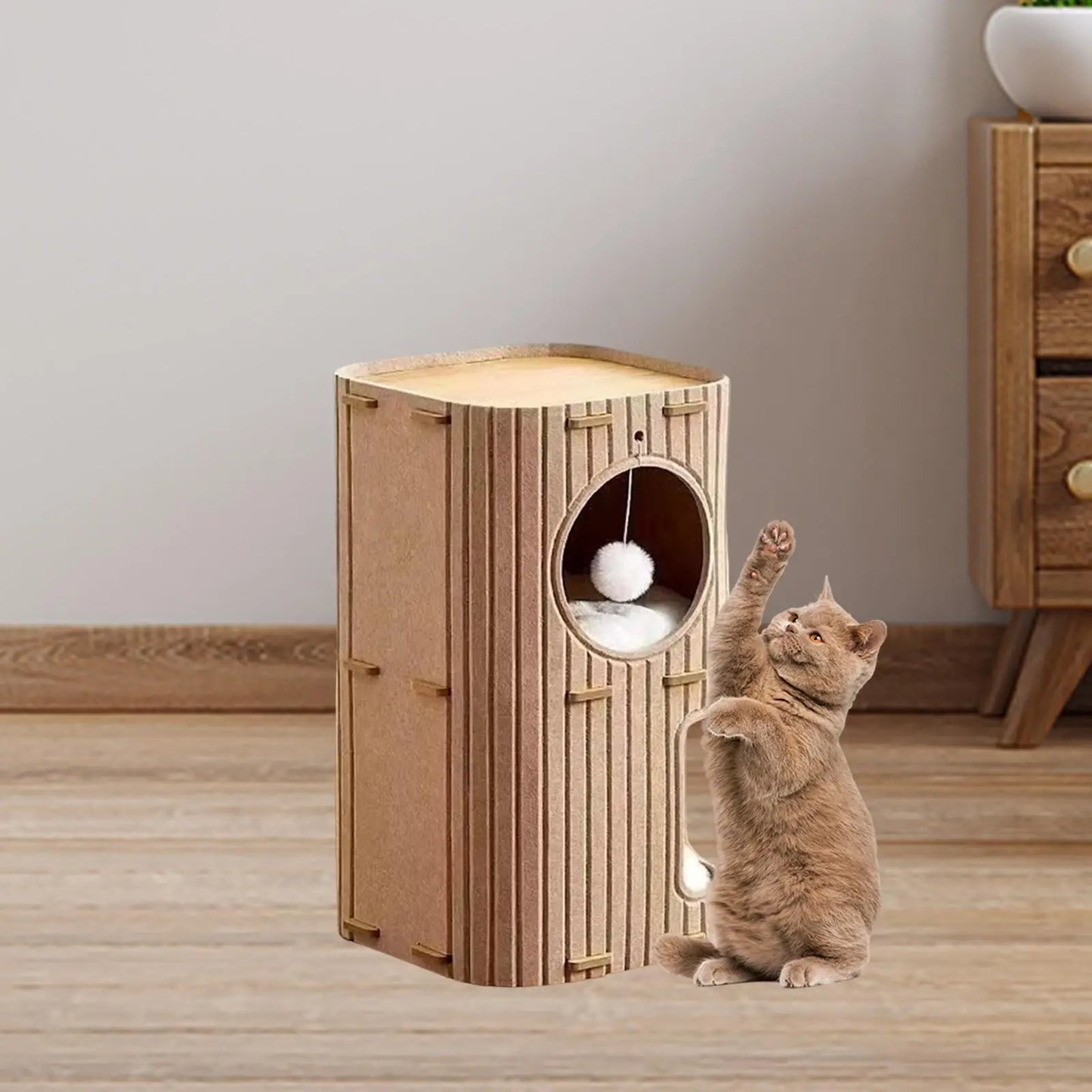 The Happy Tail Co Multi-Tier Enclosed Cat House & Climbing Tree - Vertical Scratching Post with Hanging Ball Toy