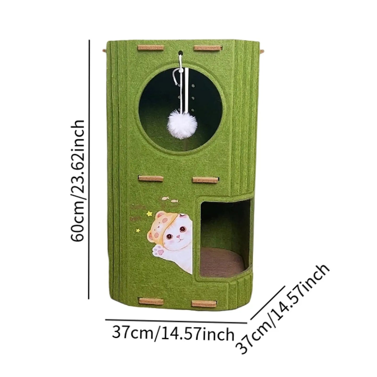 The Happy Tail Co Multi-Tier Enclosed Cat House & Climbing Tree - Vertical Scratching Post with Hanging Ball Toy