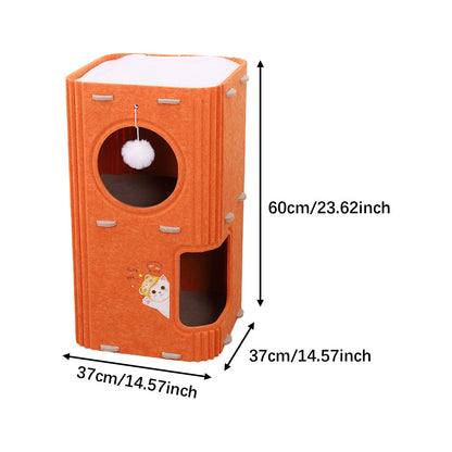 The Happy Tail Co Multi-Tier Enclosed Cat House & Climbing Tree - Vertical Scratching Post with Hanging Ball Toy