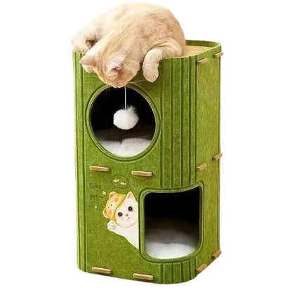 The Happy Tail Co Multi-Tier Enclosed Cat House & Climbing Tree - Vertical Scratching Post with Hanging Ball Toy