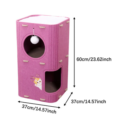 The Happy Tail Co Multi-Tier Enclosed Cat House & Climbing Tree - Vertical Scratching Post with Hanging Ball Toy