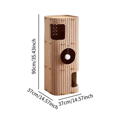 The Happy Tail Co Multi-Tier Enclosed Cat House & Climbing Tree - Vertical Scratching Post with Hanging Ball Toy