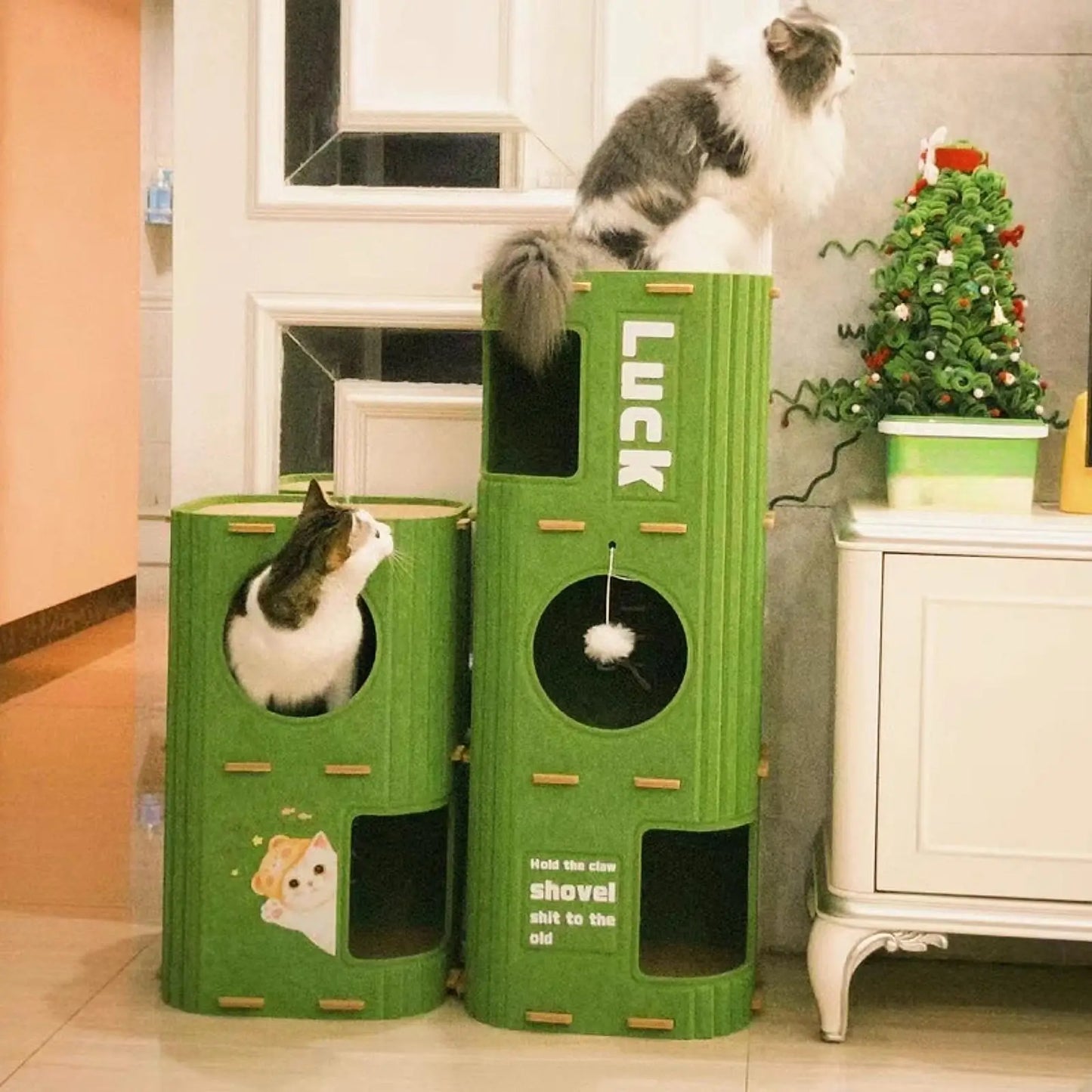 The Happy Tail Co Multi-Tier Enclosed Cat House & Climbing Tree - Vertical Scratching Post with Hanging Ball Toy