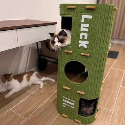 The Happy Tail Co Multi-Tier Enclosed Cat House & Climbing Tree - Vertical Scratching Post with Hanging Ball Toy