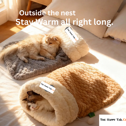 The Happy Tail Co Enclosed Plush Cat Bed with Tunnel Entrance - Self-Warming Winter Sleeping Bag & Secure Hideout