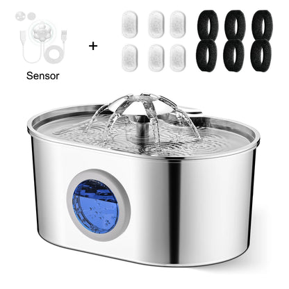 The Happy Tail Co 2.2L Premium Stainless Steel Automatic Pet Water Fountain - Ultra-Quiet Intelligent Drinker with Filtration