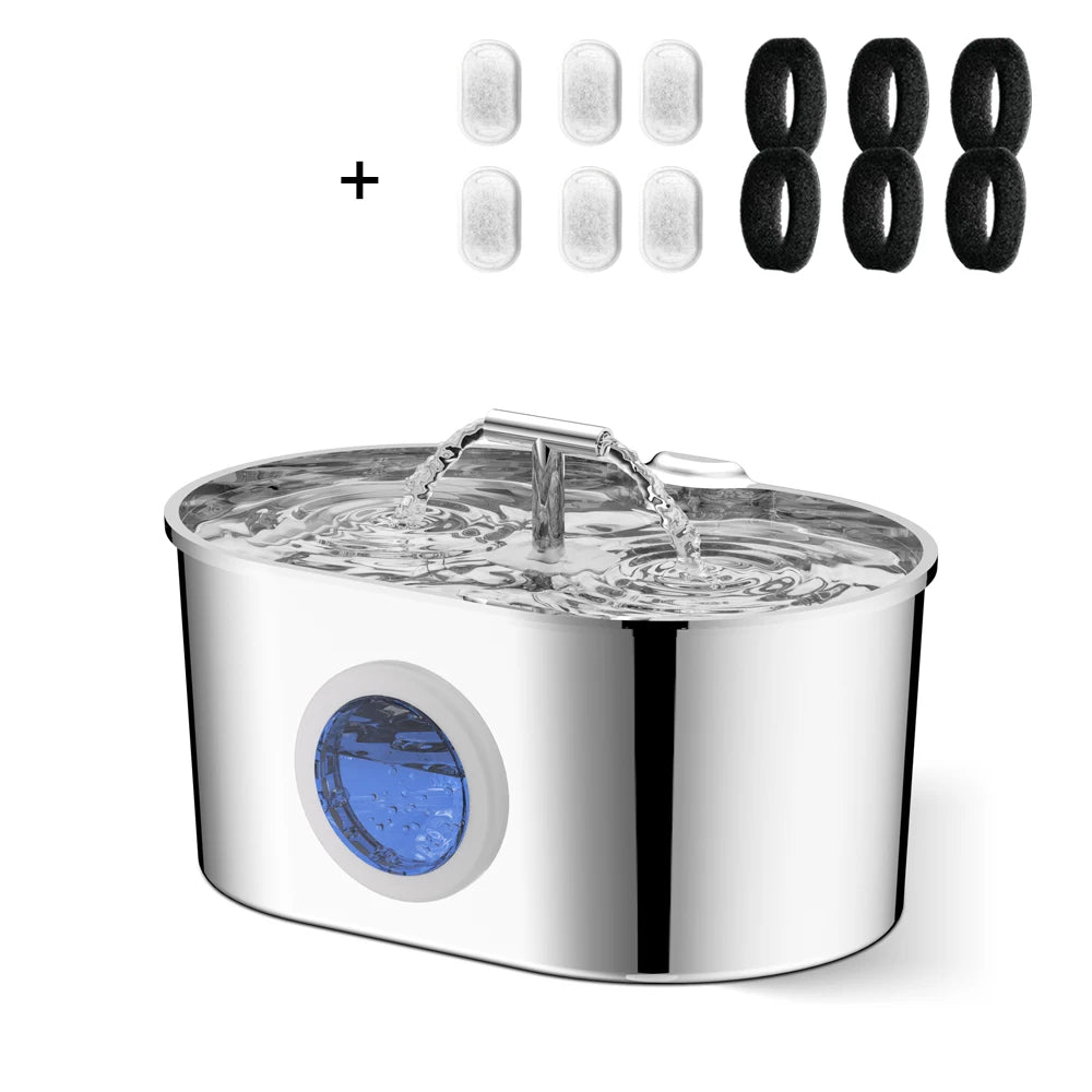 The Happy Tail Co 2.2L Premium Stainless Steel Automatic Pet Water Fountain - Ultra-Quiet Intelligent Drinker with Filtration