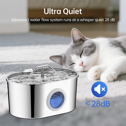The Happy Tail Co 2.2L Premium Stainless Steel Automatic Pet Water Fountain - Ultra-Quiet Intelligent Drinker with Filtration