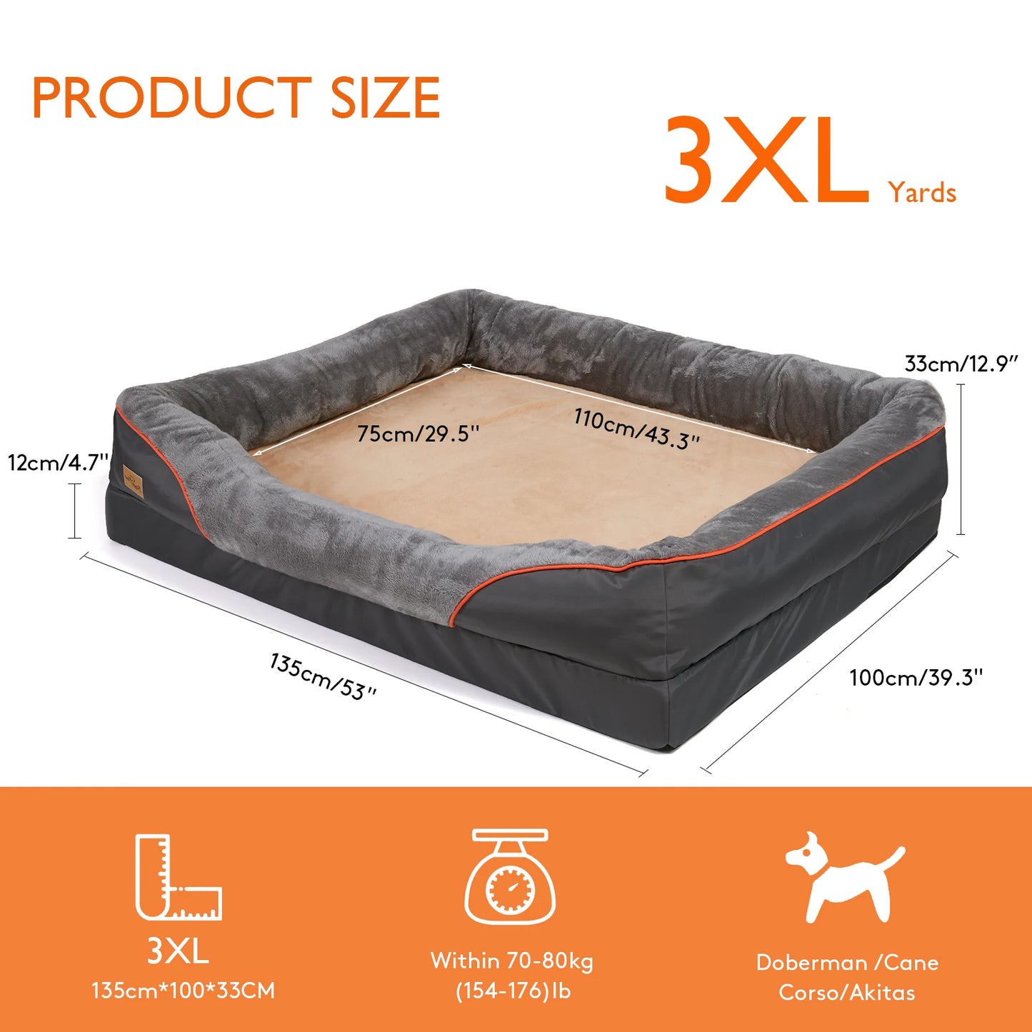 The Happy Tail Co Jumbo Orthopedic Memory Foam Pet Sofa - Waterproof Quilted Bolster Bed for Large Dogs