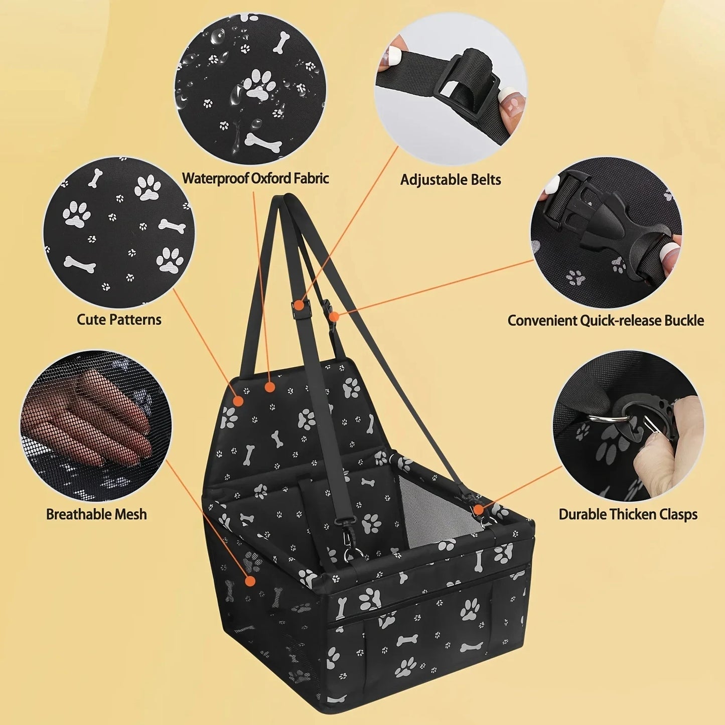 The Happy Tail Co™ Breathable Pet Car Booster Seat - Portable Travel Carrier Basket with Safety Leash for Small Dogs & Cats