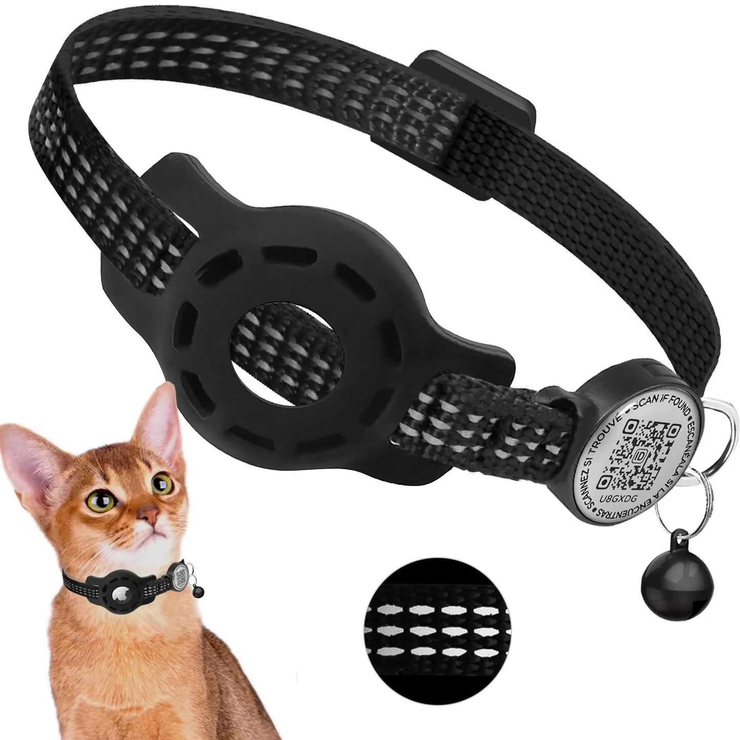 The Happy Tail Co™ Reflective Cat GPS Collar - Integrated AirTag Case with QR Code ID Tag for Maximum Safety