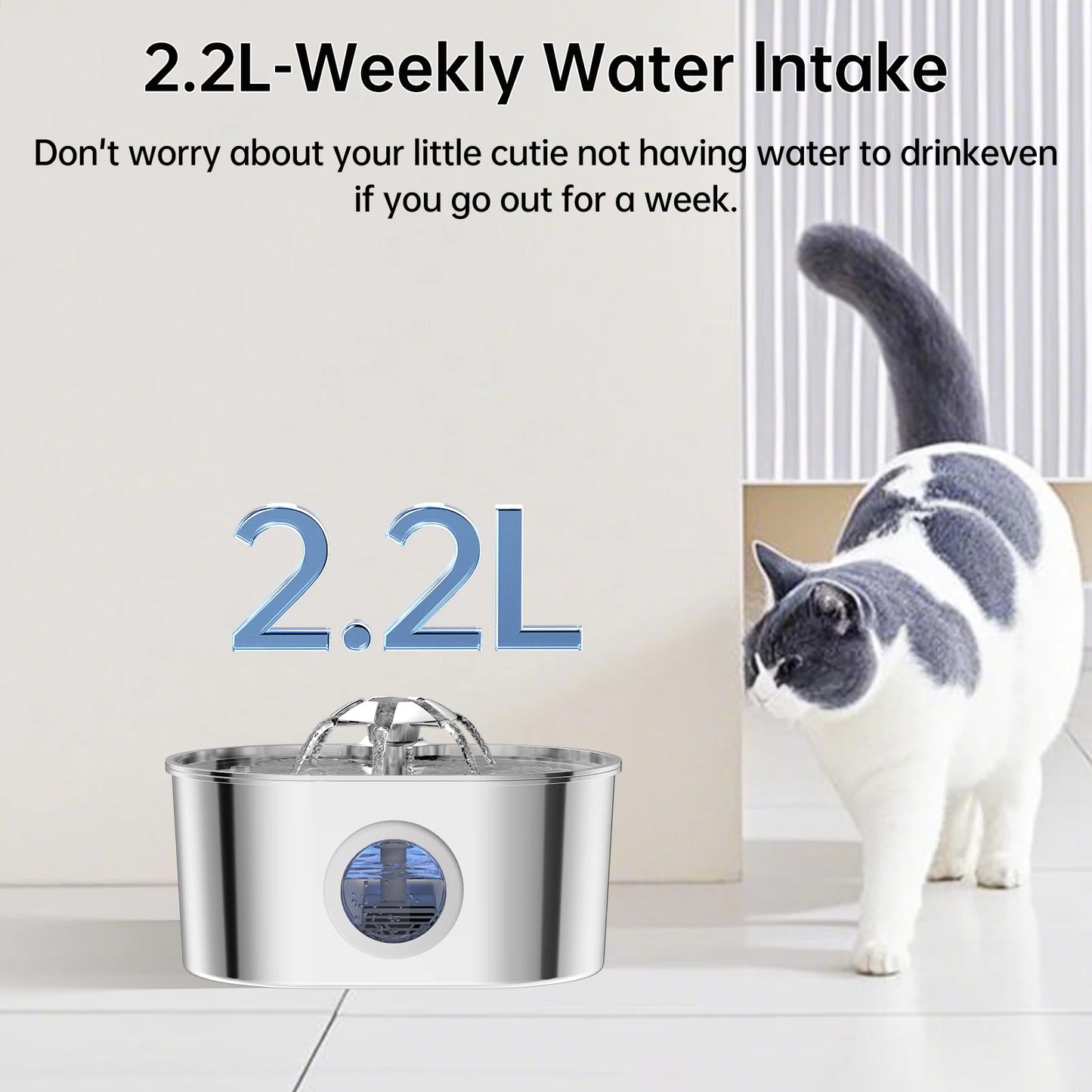 The Happy Tail Co 2.2L Premium Stainless Steel Automatic Pet Water Fountain - Ultra-Quiet Intelligent Drinker with Filtration