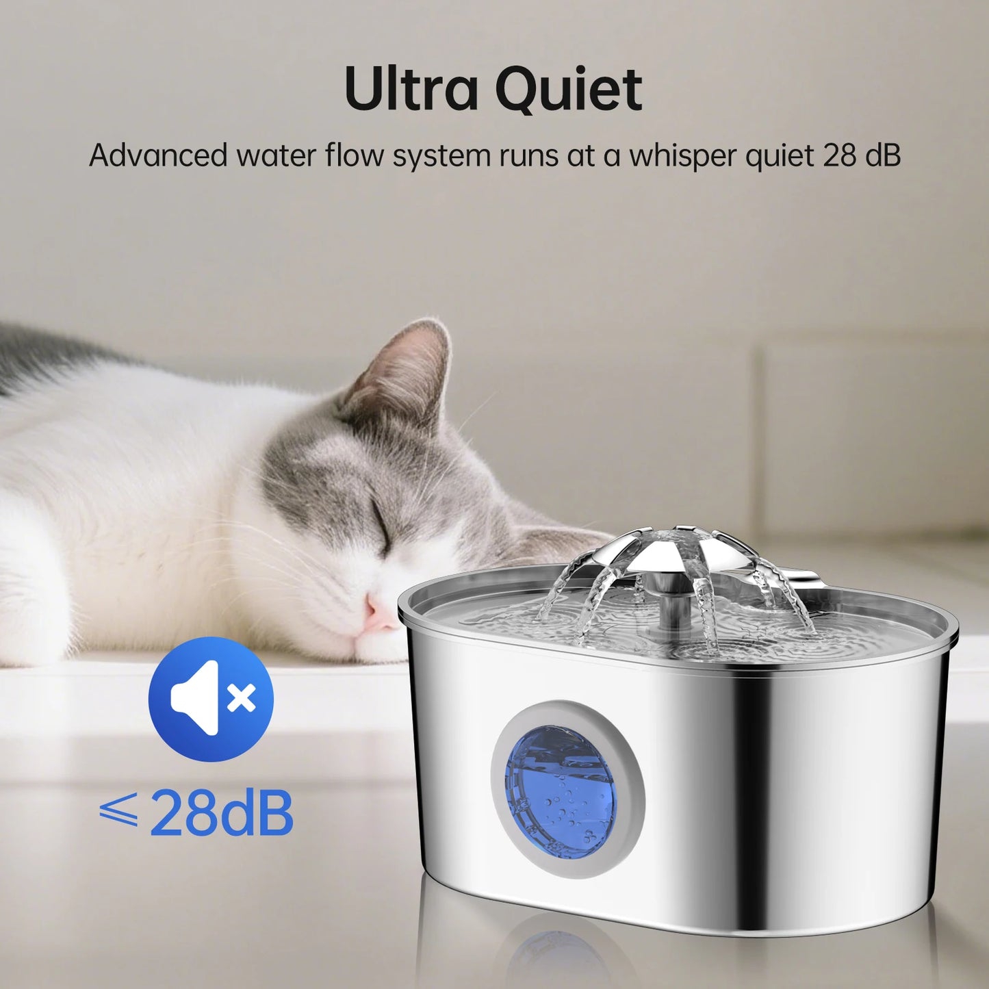 The Happy Tail Co 2.2L Premium Stainless Steel Automatic Pet Water Fountain - Ultra-Quiet Intelligent Drinker with Filtration