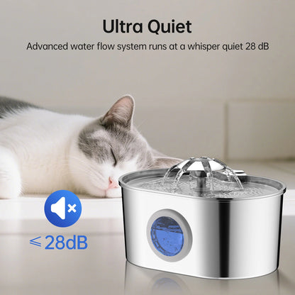 The Happy Tail Co 2.2L Premium Stainless Steel Automatic Pet Water Fountain - Ultra-Quiet Intelligent Drinker with Filtration