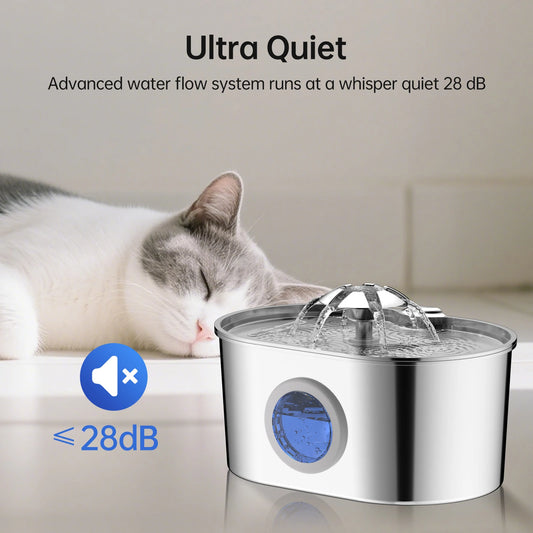 The Happy Tail Co 2.2L Premium Stainless Steel Automatic Pet Water Fountain - Ultra-Quiet Intelligent Drinker with Filtration