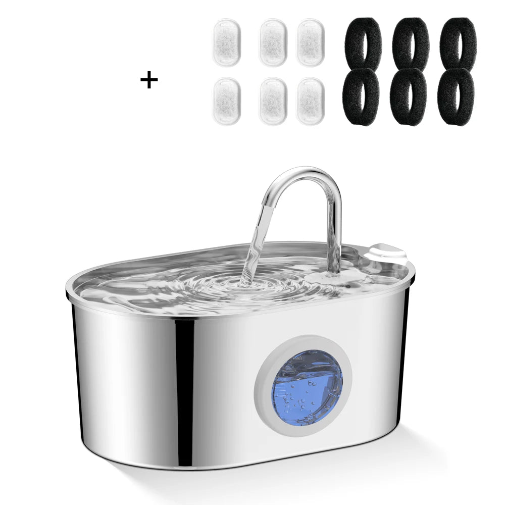 The Happy Tail Co 2.2L Premium Stainless Steel Automatic Pet Water Fountain - Ultra-Quiet Intelligent Drinker with Filtration