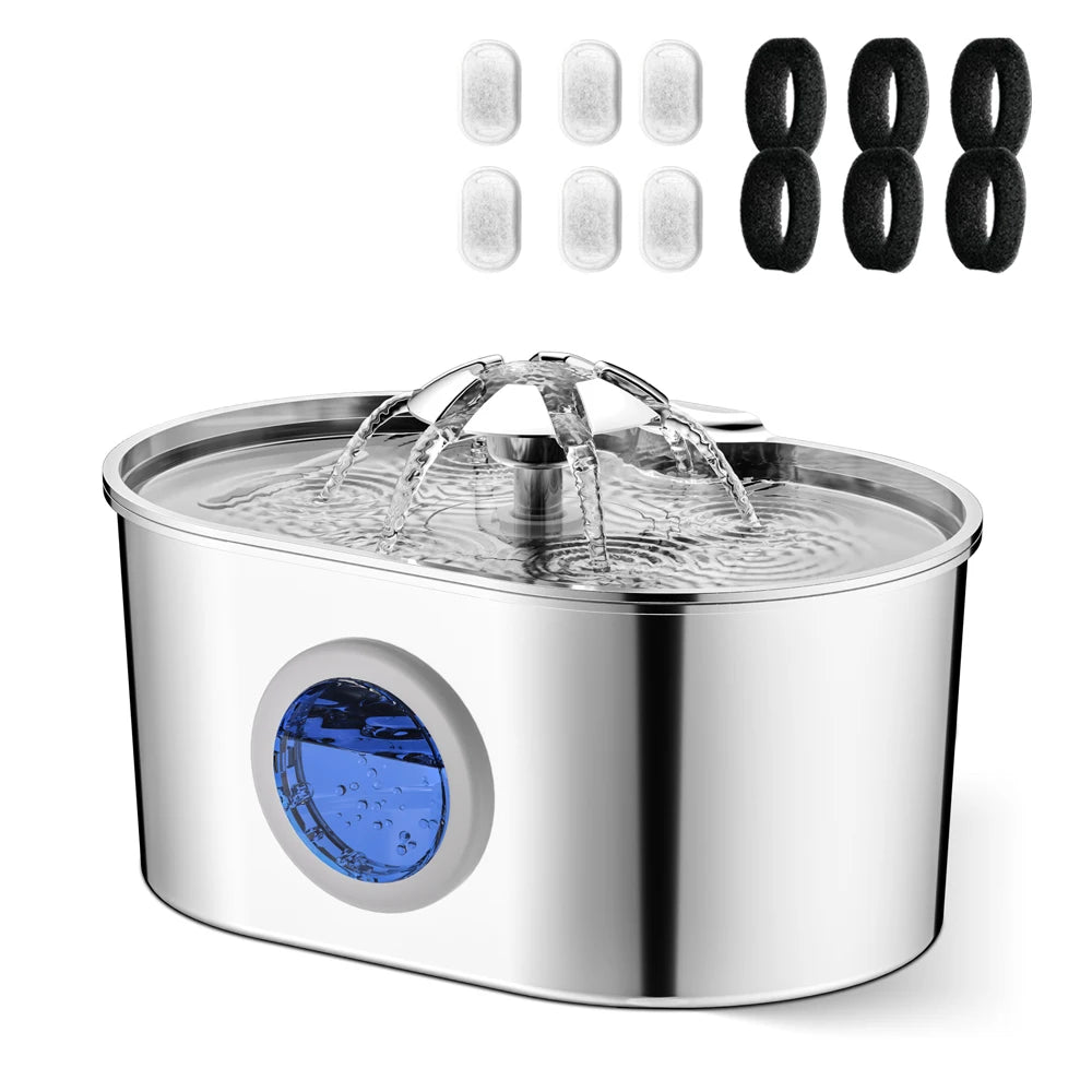 The Happy Tail Co 2.2L Premium Stainless Steel Automatic Pet Water Fountain - Ultra-Quiet Intelligent Drinker with Filtration