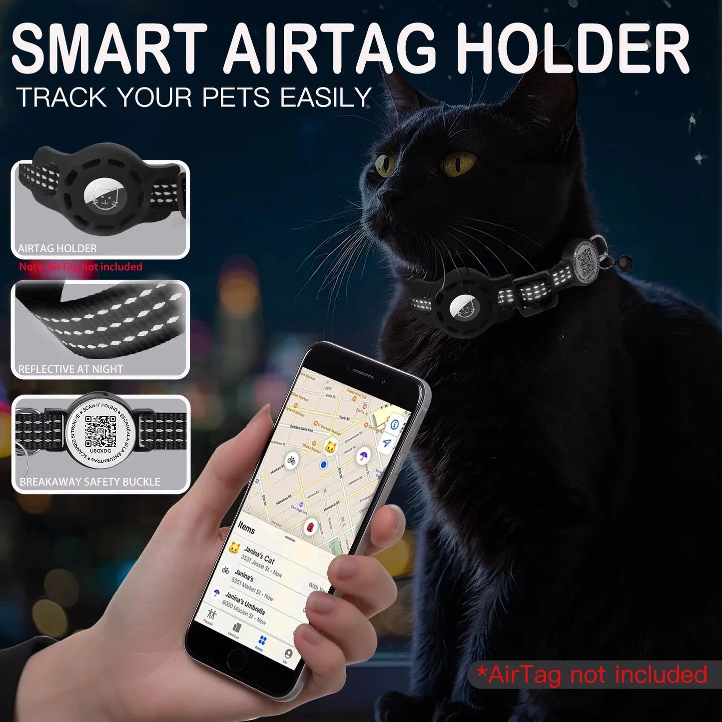 The Happy Tail Co™ Reflective Cat GPS Collar - Integrated AirTag Case with QR Code ID Tag for Maximum Safety