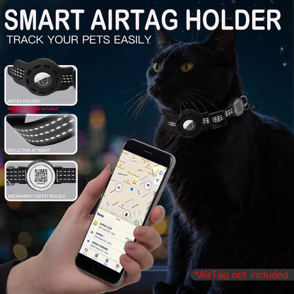 The Happy Tail Co™ Reflective Cat GPS Collar - Integrated AirTag Case with QR Code ID Tag for Maximum Safety