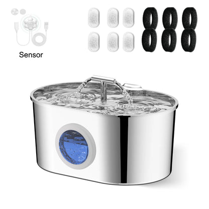 The Happy Tail Co 2.2L Premium Stainless Steel Automatic Pet Water Fountain - Ultra-Quiet Intelligent Drinker with Filtration