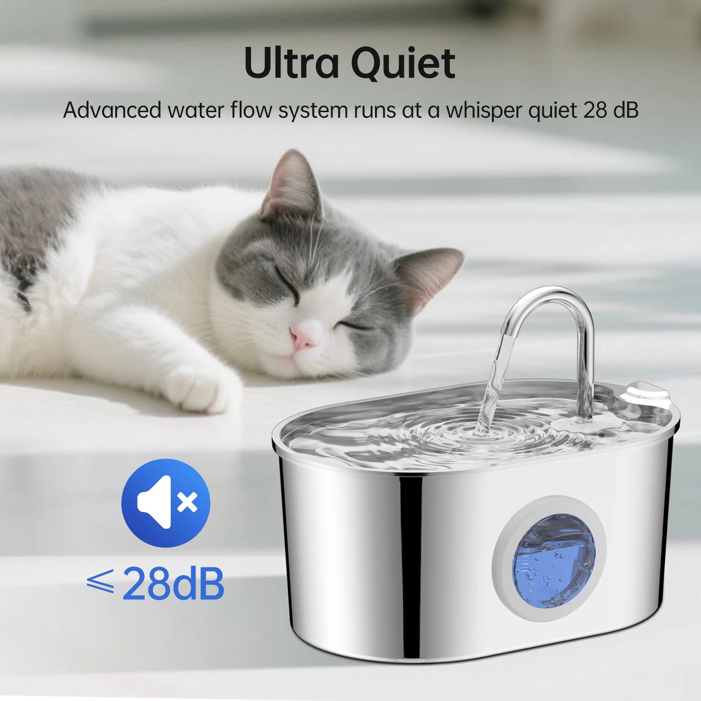 The Happy Tail Co 2.2L Premium Stainless Steel Automatic Pet Water Fountain - Ultra-Quiet Intelligent Drinker with Filtration