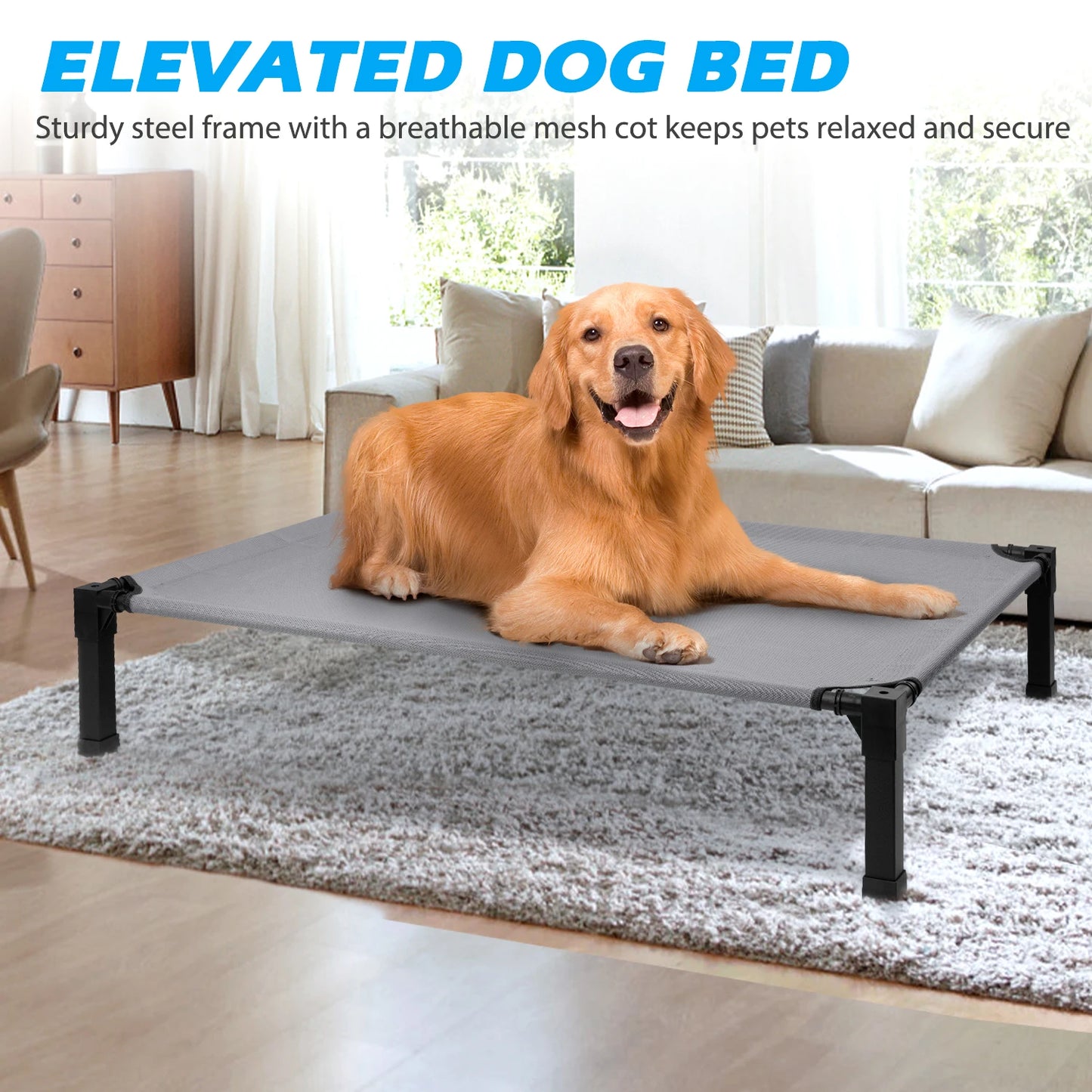 The Happy Tail Co™ Elevated Cooling Pet Bed - Breathable Mesh & Portable Outdoor Dog Cot