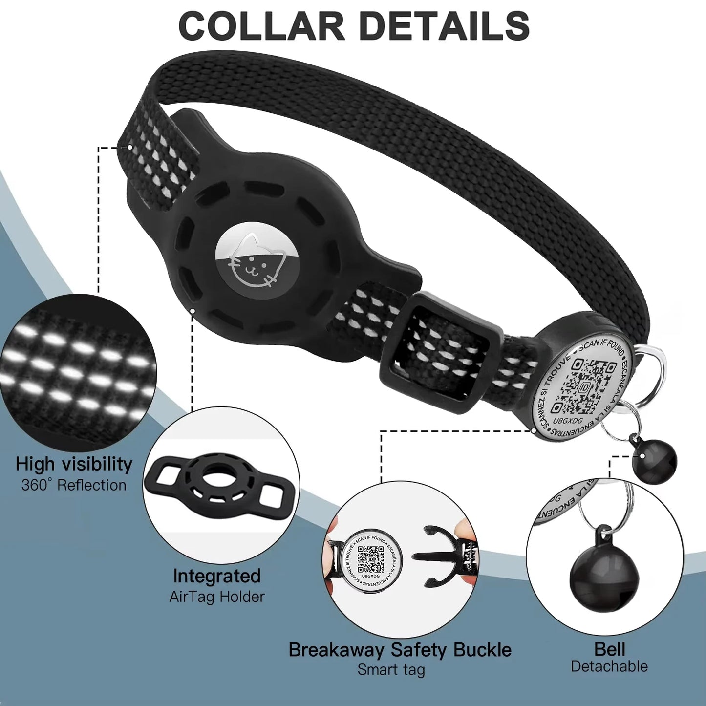 The Happy Tail Co™ Reflective Cat GPS Collar - Integrated AirTag Case with QR Code ID Tag for Maximum Safety