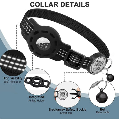The Happy Tail Co™ Reflective Cat GPS Collar - Integrated AirTag Case with QR Code ID Tag for Maximum Safety