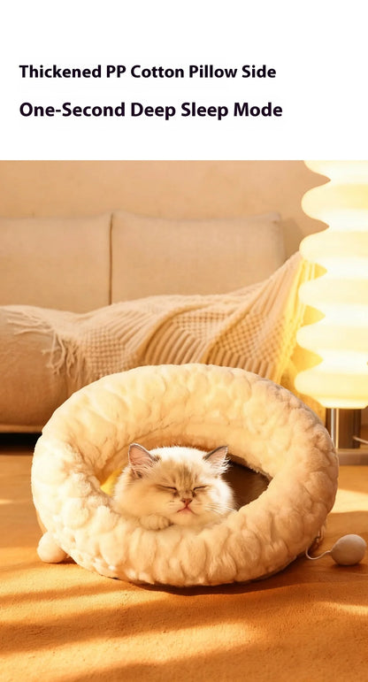The Happy Tail Co Enclosed Plush Cat Bed with Tunnel Entrance - Self-Warming Winter Sleeping Bag & Secure Hideout