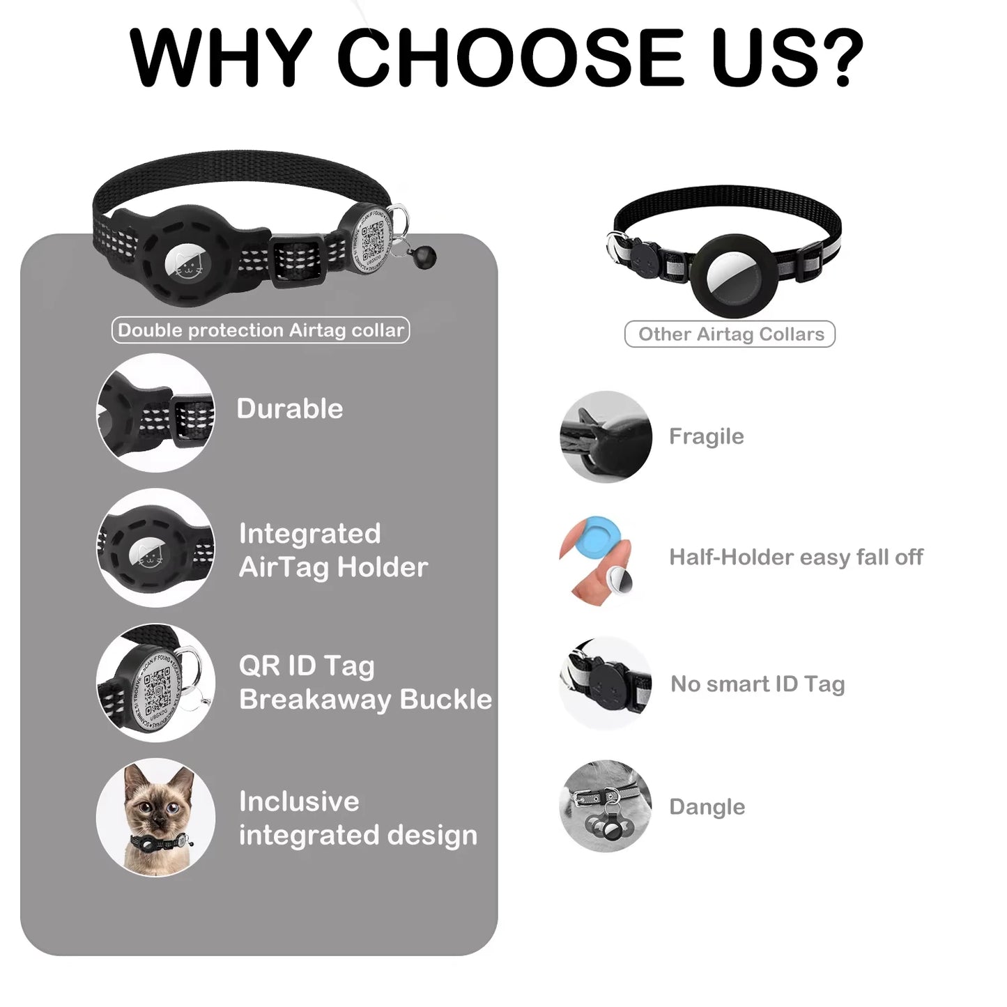 The Happy Tail Co™ Reflective Cat GPS Collar - Integrated AirTag Case with QR Code ID Tag for Maximum Safety