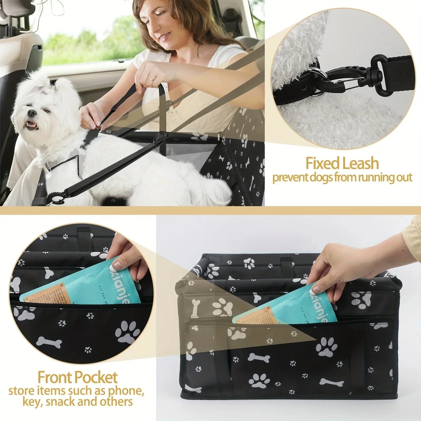 The Happy Tail Co™ Breathable Pet Car Booster Seat - Portable Travel Carrier Basket with Safety Leash for Small Dogs & Cats