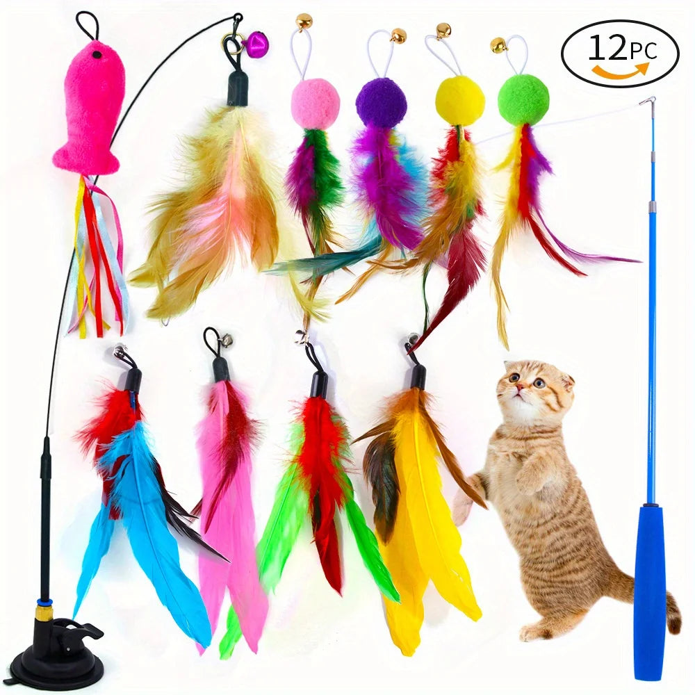The Happy Tail Co™ Interactive Cat Teaser Wand Set - 12-Piece Suction Cup Bird & Feather Toy Kit