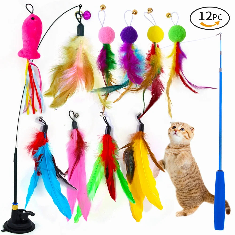 The Happy Tail Co™ Interactive Cat Teaser Wand Set - 12-Piece Suction Cup Bird & Feather Toy Kit