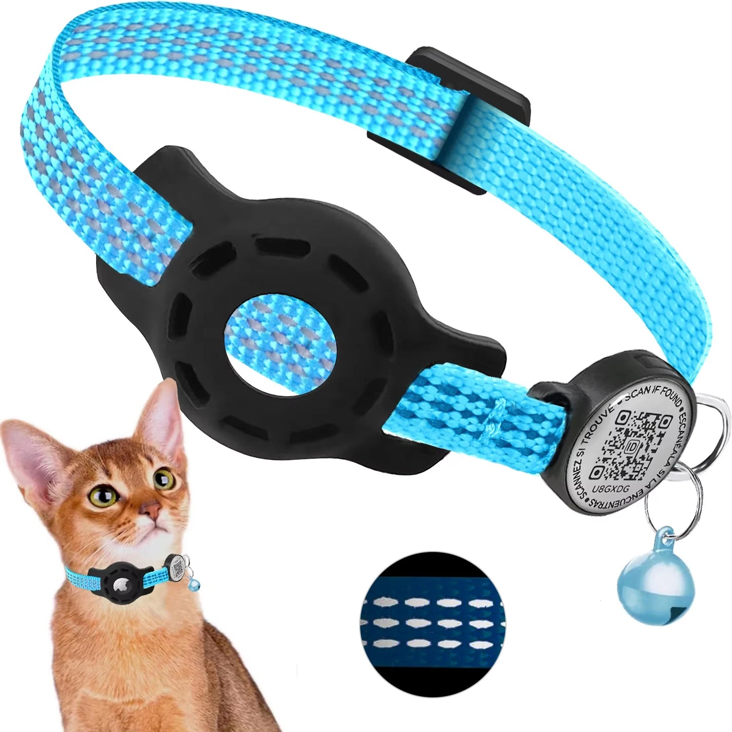 The Happy Tail Co™ Reflective Cat GPS Collar - Integrated AirTag Case with QR Code ID Tag for Maximum Safety