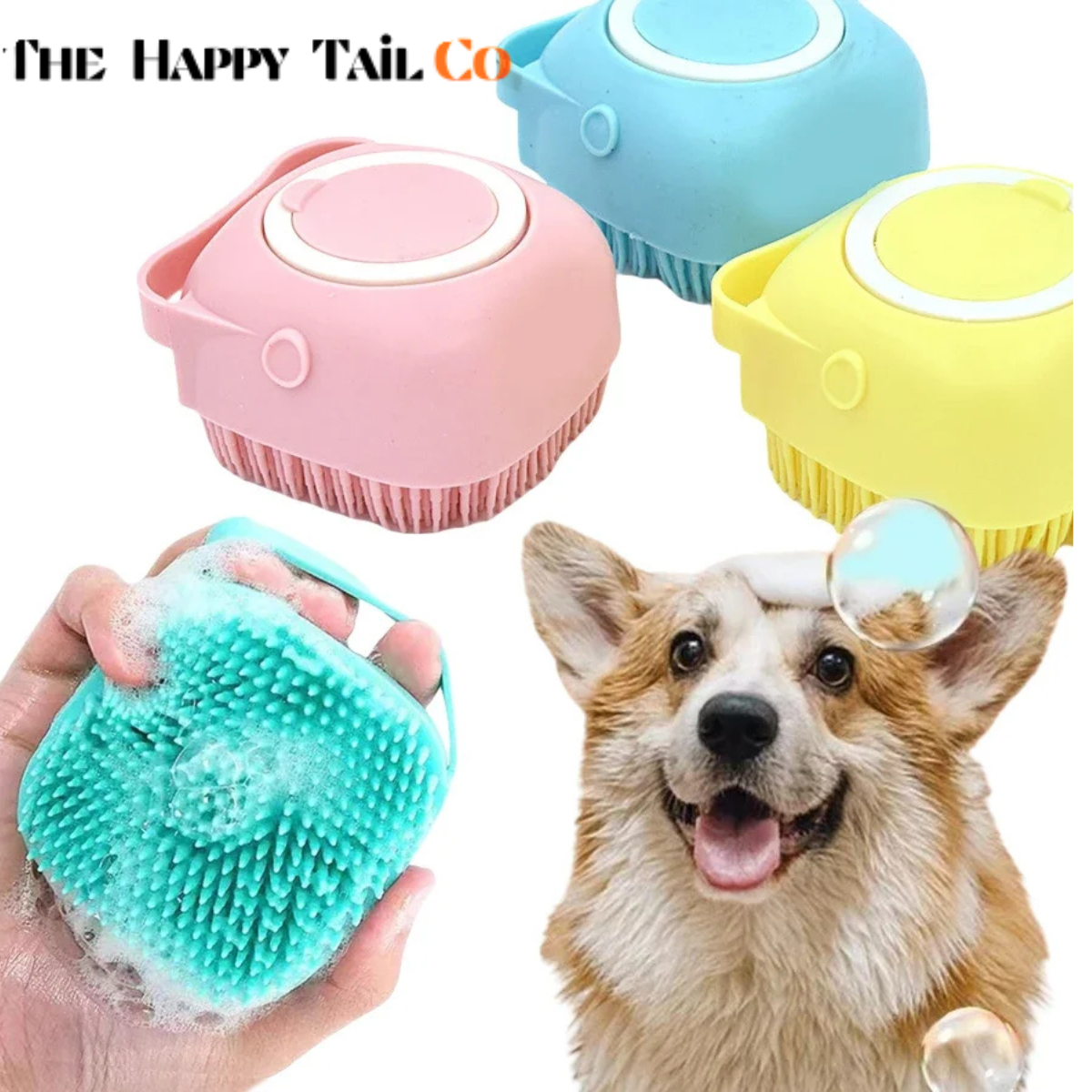 The Happy Tail Co™ 2-in-1 Silicone Pet Bath Brush - Soothing Massage & Shampoo Dispensing Grooming Tool for Dogs & Cats