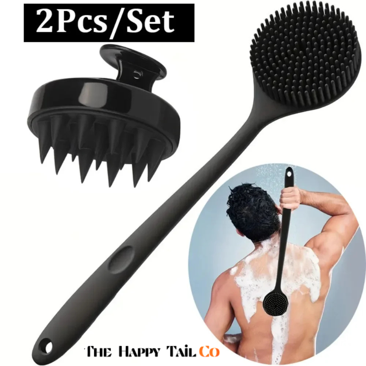 The Happy Tail Co 2Pcs Premium Silicone Bath Brush Set - Soft Body Scrubber with Long Handle for Deep Cleansing & Massage